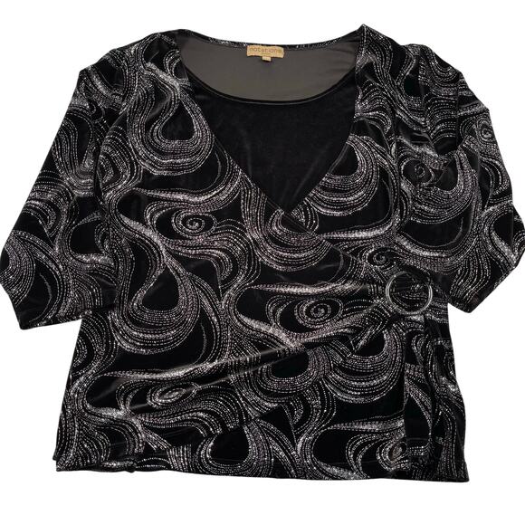Notations Top Womens 3X Black Velour Velvet Silver Glitter Faux Wrap Buckle - Picture 1 of 15